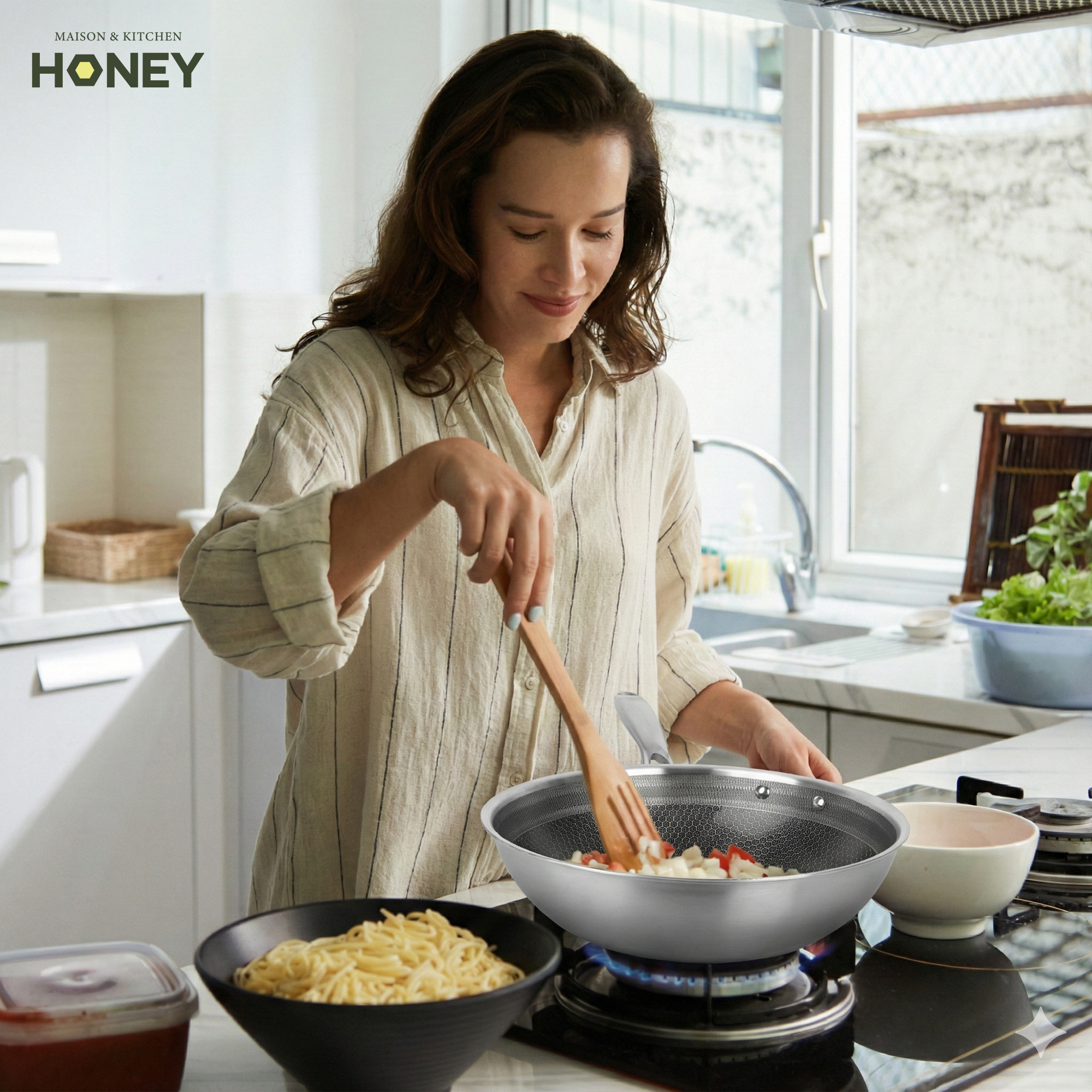 Wokpan Honey - Keramische coating - 32 cm - PFAS-vrij - RVS